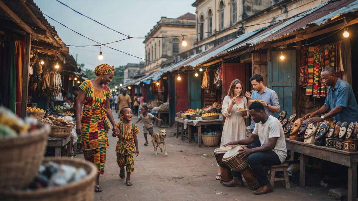 Visitors explore a festive cultural market in accra, ghana.