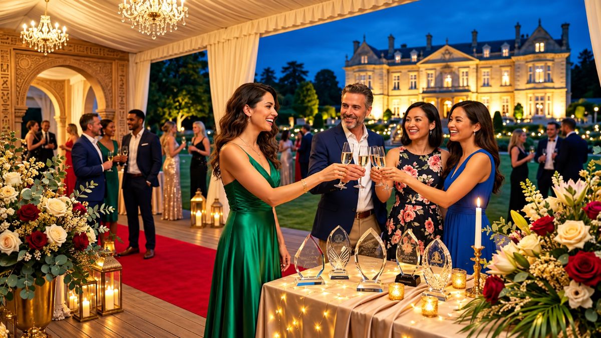 Glamorous evening gala at a grand chateau, with elegantly dressed guests raising champagne glasses beneath chandeliers, surrounded by floral arrangements, candles and crystal awards.