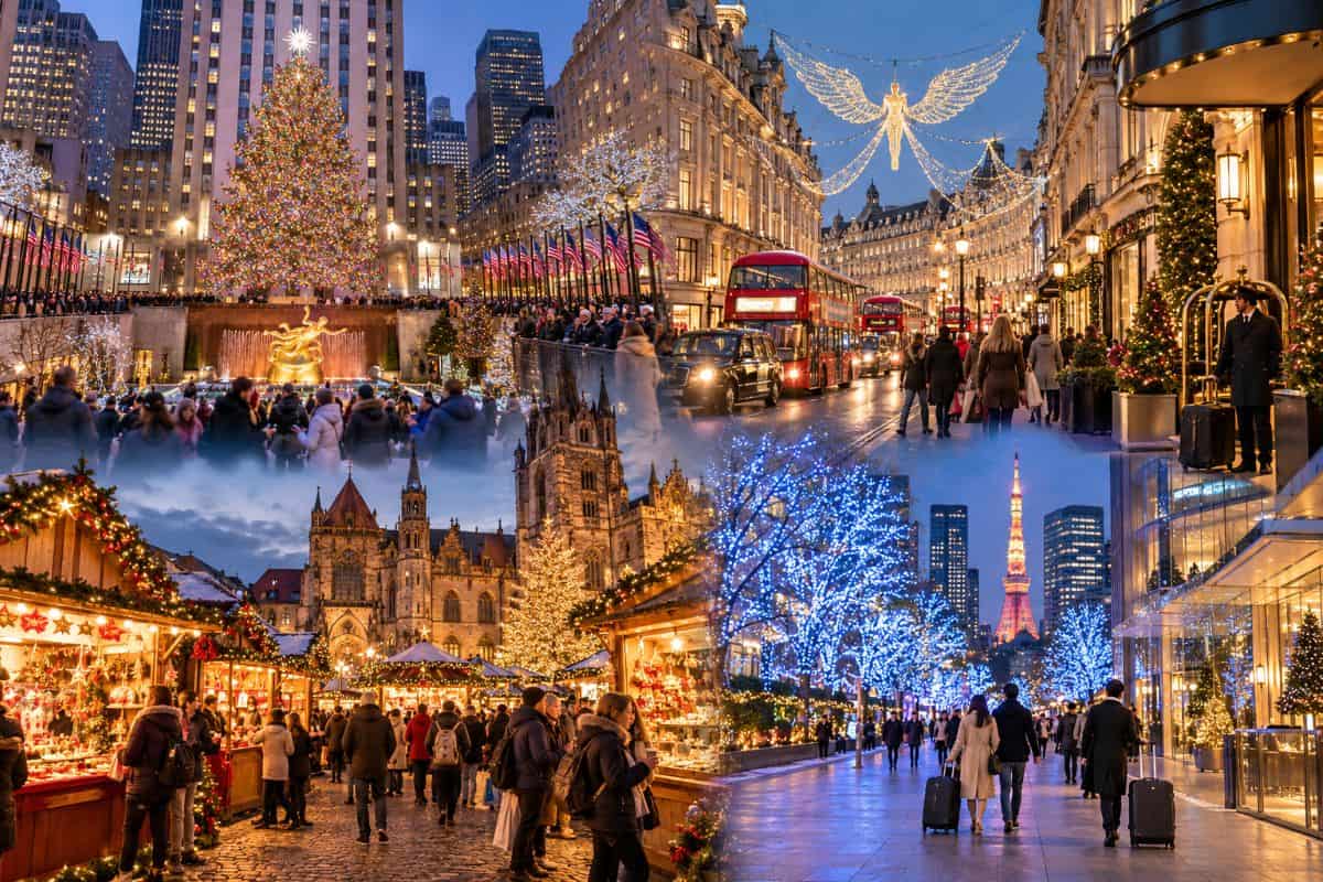 Christmas travel scenes across the us, uk, germany and japan.