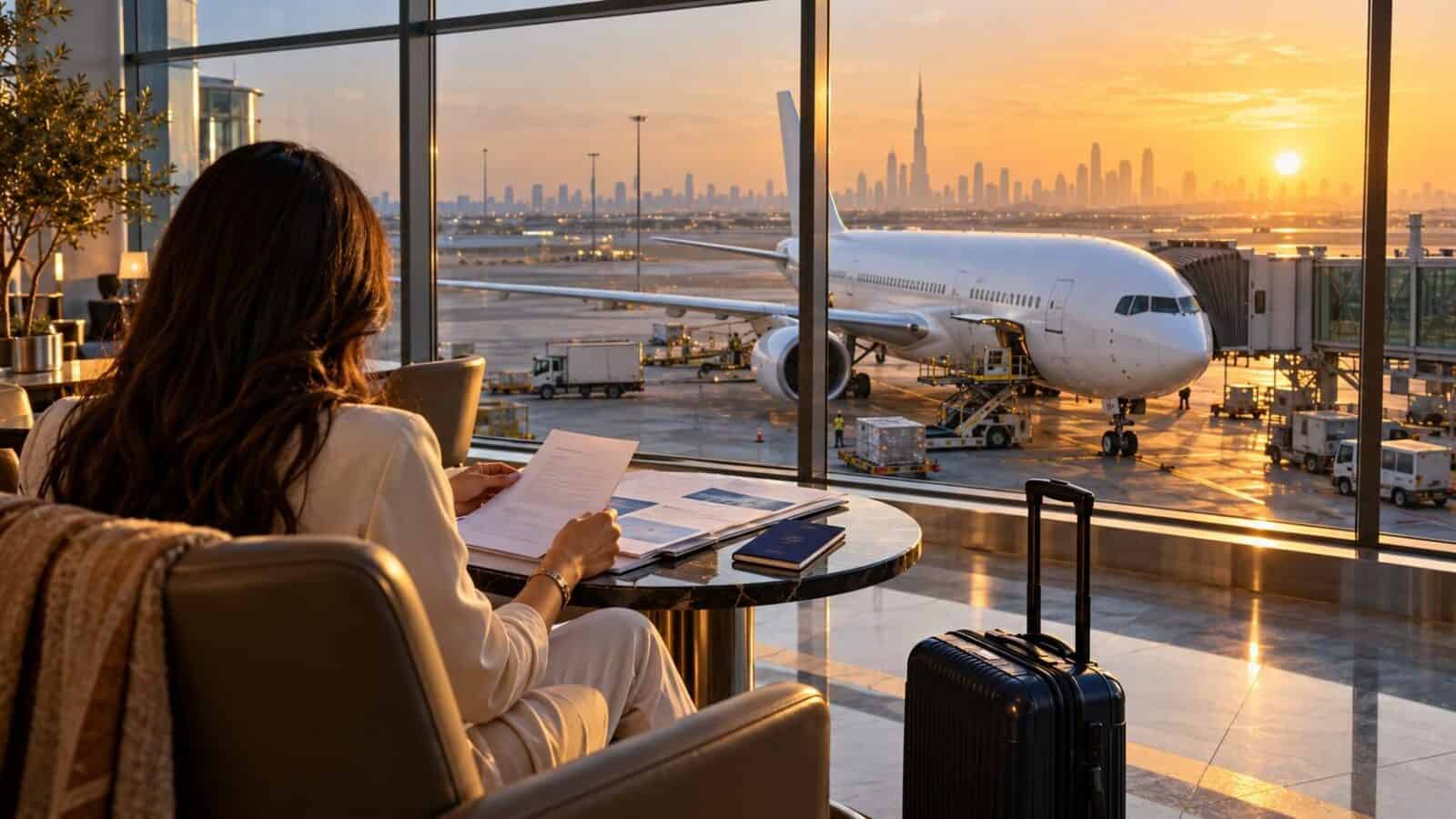 Traveller reviewing documents in a uae airport while preparing national day travel plans for europe.