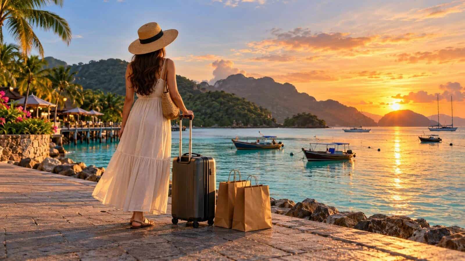 Malaysia travel - travel and tour world Malaysia travel scene showing a traveller with shopping bags overlooking a langkawi waterfront at sunset.