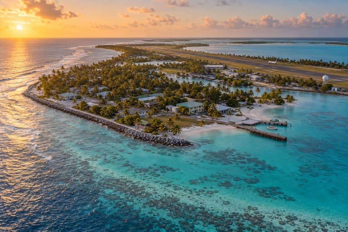 Aerial view of a cocos islands coastal scene with turquoise waters, palm-lined homes, a seawall and an airport runway at sunset