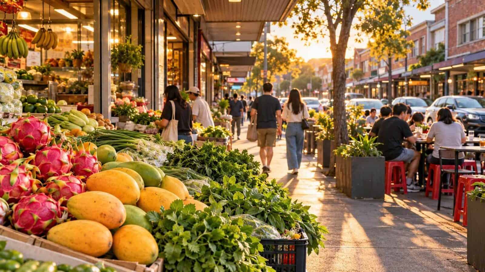 Australia’s cabramatta tourism - travel and tour world Editorial illustration of cabramatta tourism featuring visitors exploring independent food shops and asian grocery stalls.