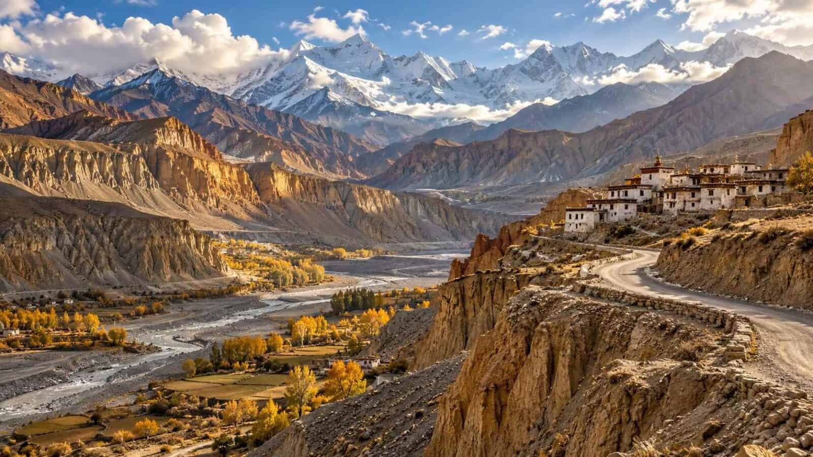 Ai-generated illustration of mustang tourism scenery with a winding mountain road and traditional buildings in nepal.