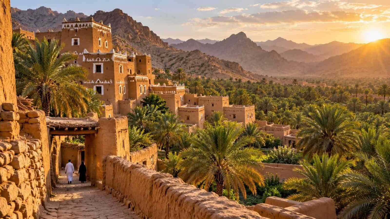 Saudi arabia - travel and tour world Traditional buildings and palm groves in najran, regional setting for the planned entertainment destination.