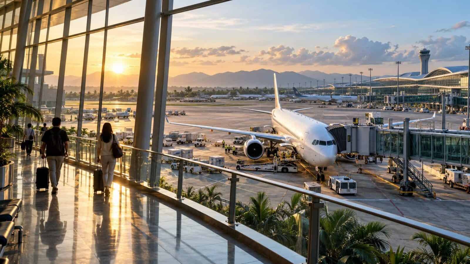 Travellers overlook aircraft stands at a conceptual southeast asian airport illustrating future capacity needs.