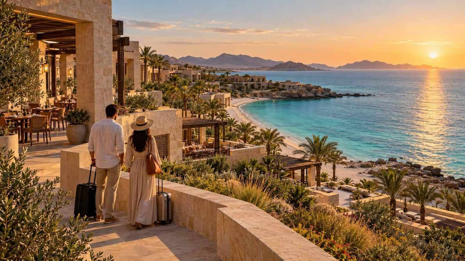 Saudi arabia - travel and tour world Illustrative saudi coastal hotel overlooking the sea at sunset, reflecting plans for 19 hospitality projects.