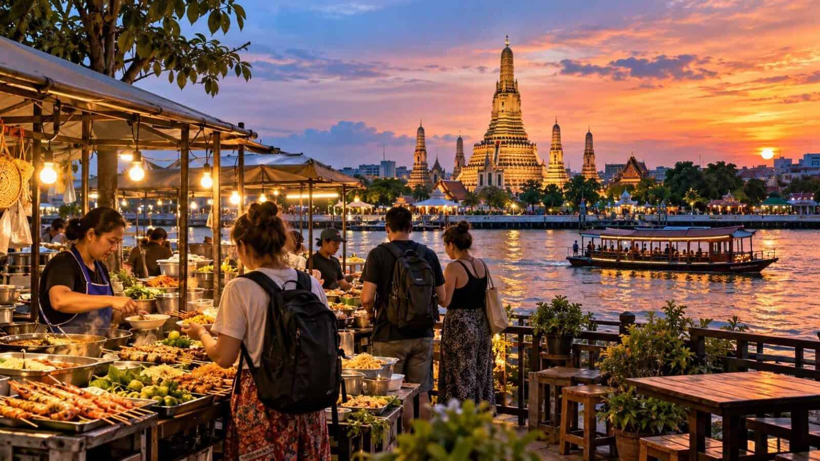 Thailand tourism tax - travel and tour world Travellers browse bangkok riverside food stalls in an illustration accompanying thailand tourism tax pause coverage.
