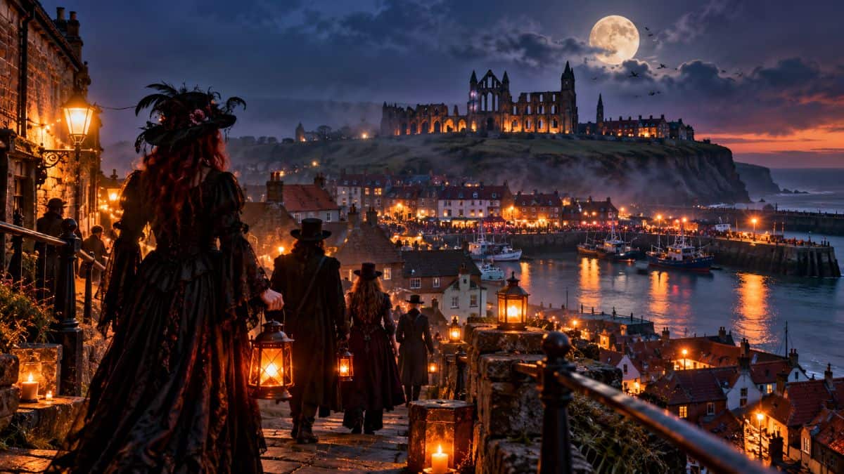 Gothic lanterns over moonlit harbor - travel and tour world Tomorrow’s ghosts festival in whitby with gothic abbey, lanterns and costumed visitors at night