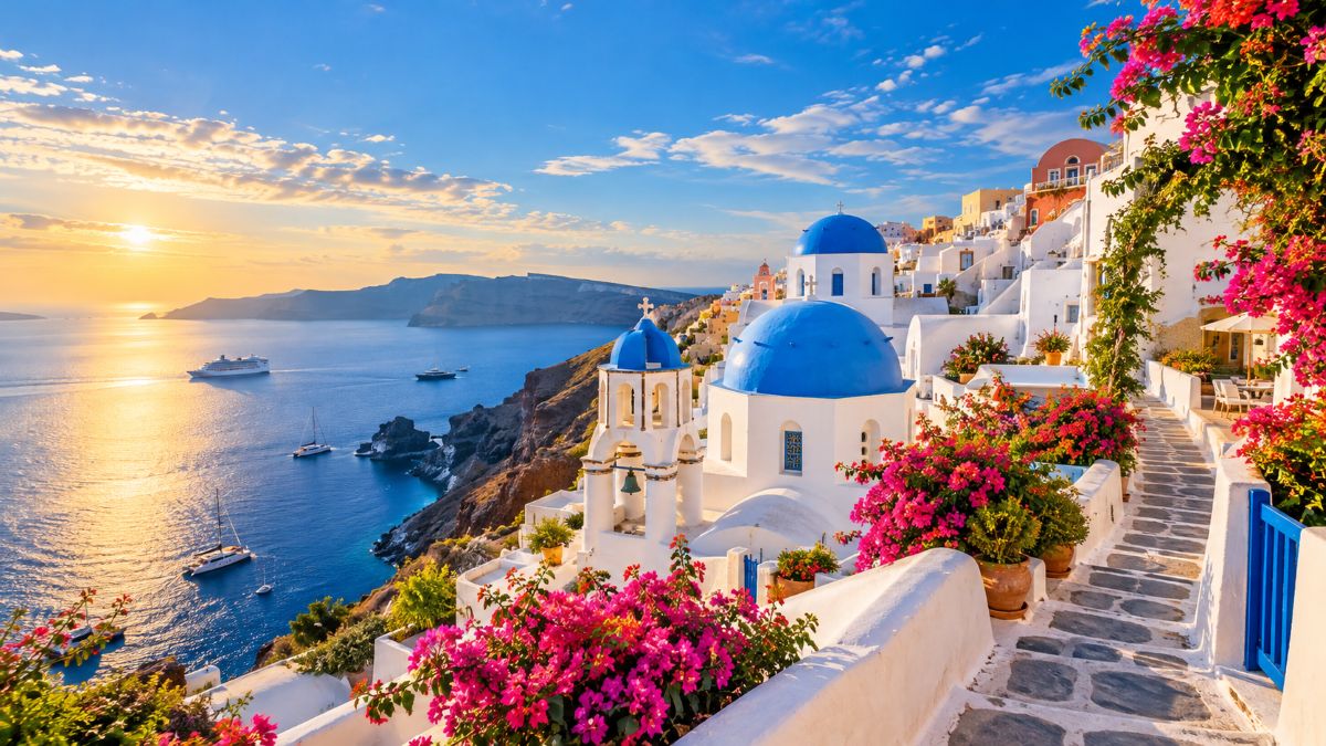 Greece travel guide reveals - travel and tour world Panoramic greek coastal scenery featuring whitewashed island architecture, turquoise mediterranean waters and historic landscapes under bright sunshine.