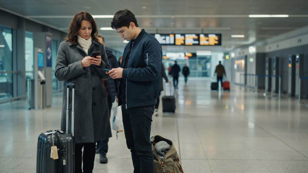 Passengers check flight information at a european airport amid travel concerns.
