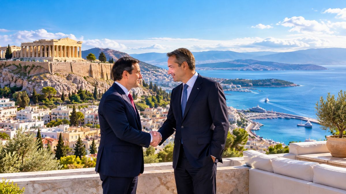 Greeces strategic travel - travel and tour world Marco rubio’s diplomatic visit to greece highlights energy cooperation, defence partnerships and regional stability, with two senior officials shaking hands against a panoramic backdrop of athens, the acropolis and the sparkling aegean sea.