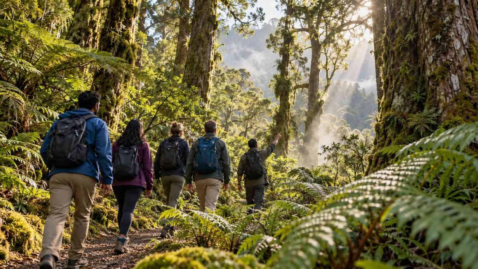 New zealand trade pact - travel and tour world Local guide and visitors exploring new zealand native forest, illustrating community tourism partnerships.