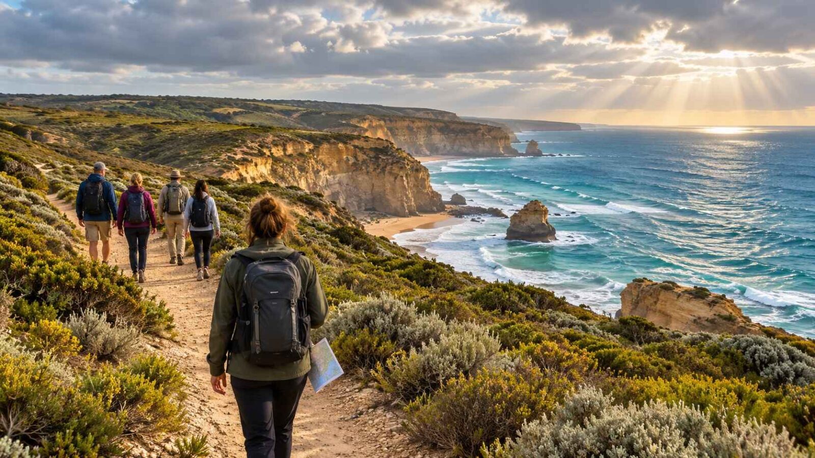 Australia travel - travel and tour world Guide and travellers on an australian coastal trail illustrating climate resilience in the australia travel industry.
