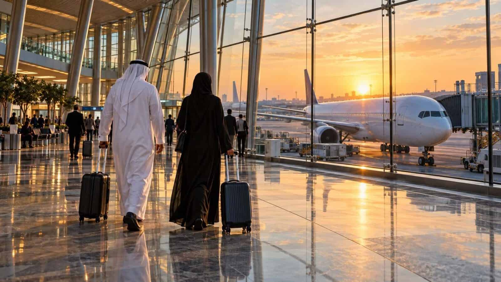 Visa-waiver progress - travel and tour world Gulf travellers in an airport terminal illustrating schengen travel visa waiver discussions.