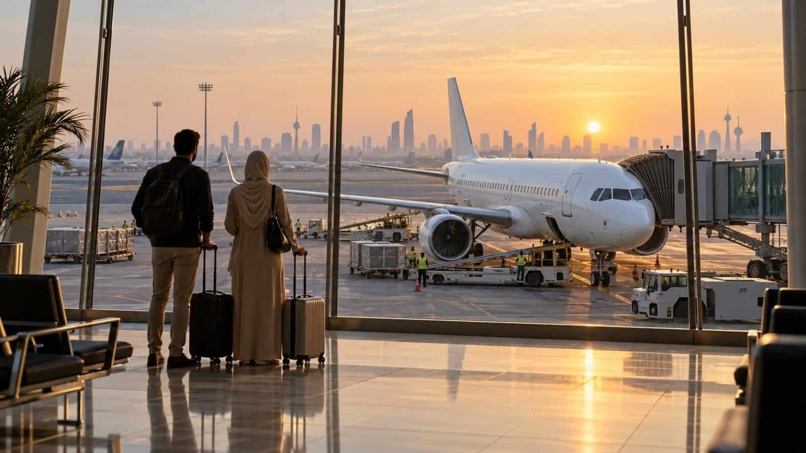 Kuwait travel - travel and tour world Travellers overlooking an unbranded passenger aircraft, illustrating kuwait travel and future flight connections.