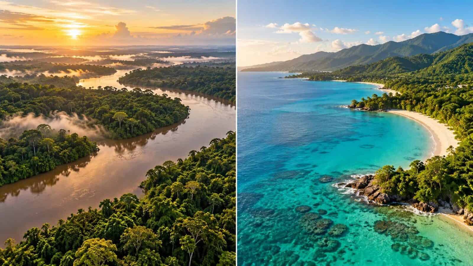 Guyana and jamaica sign - travel and tour world Ai-generated split view of a misty rainforest river and turquoise caribbean coastline, representing guyana and jamaica tourism cooperation.