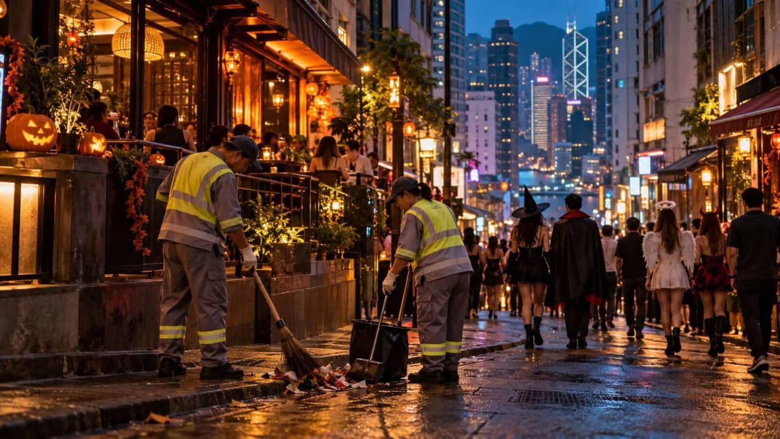 Illustration of enhanced halloween visitor services in hong kong with street cleaning in lan kwai fong.