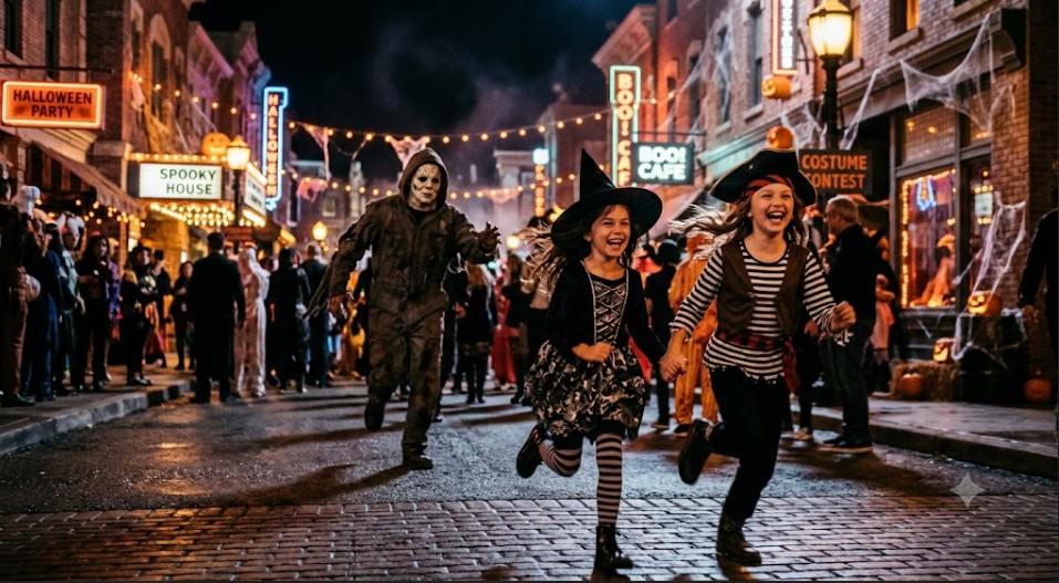 Two little girls running during halloween