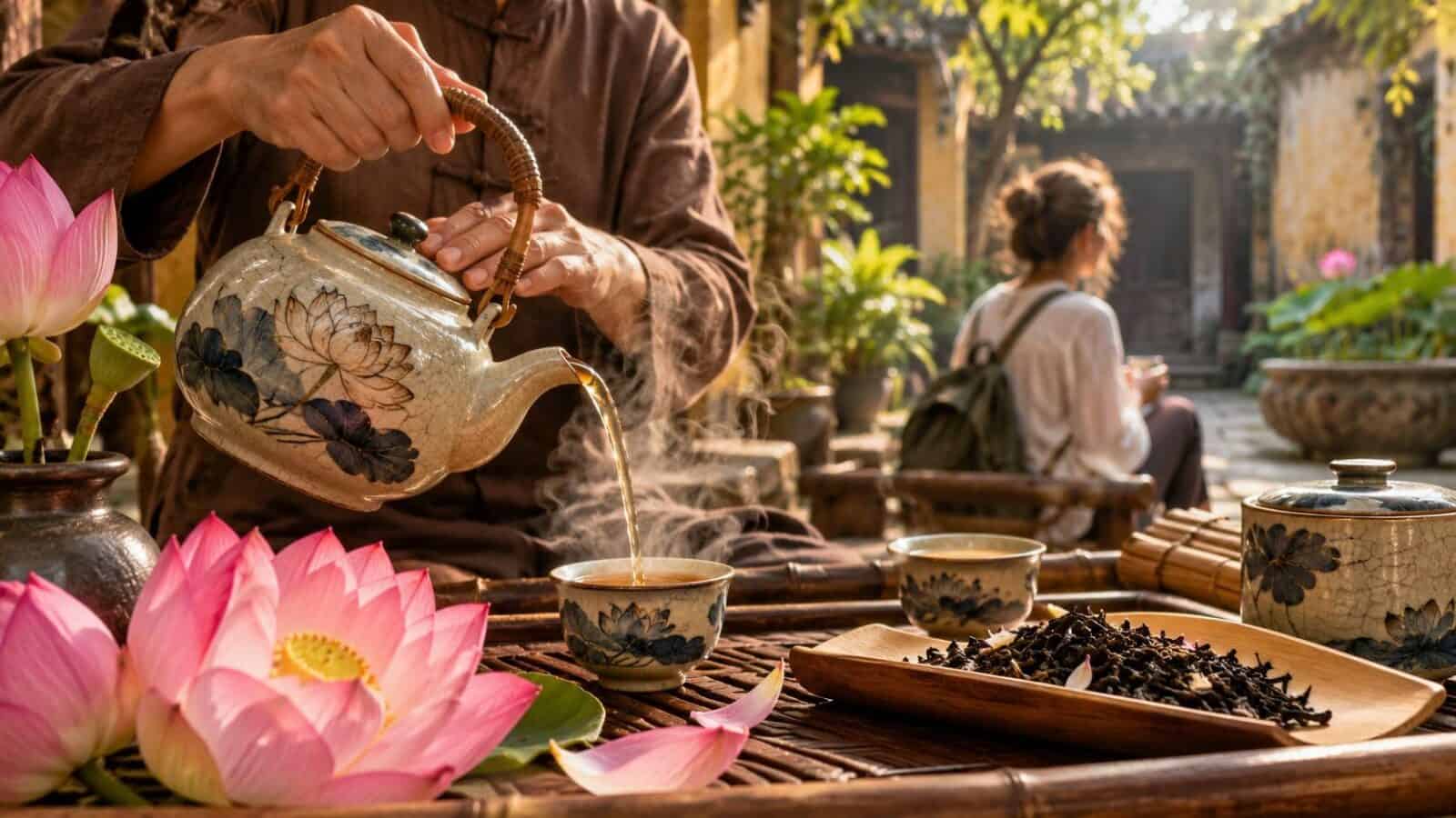 Vietnam beverage tourism - travel and tour world Illustrative vietnam beverage tourism scene with an artisan preparing lotus tea in hanoi.