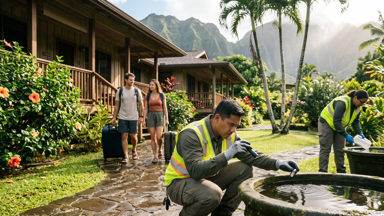 Hawaii-tourism-oahu-dengue-case-mosquito-control-measures - travel and tour world Public health workers inspect standing water for mosquitoes near tourist accommodation on oahu, hawaii.