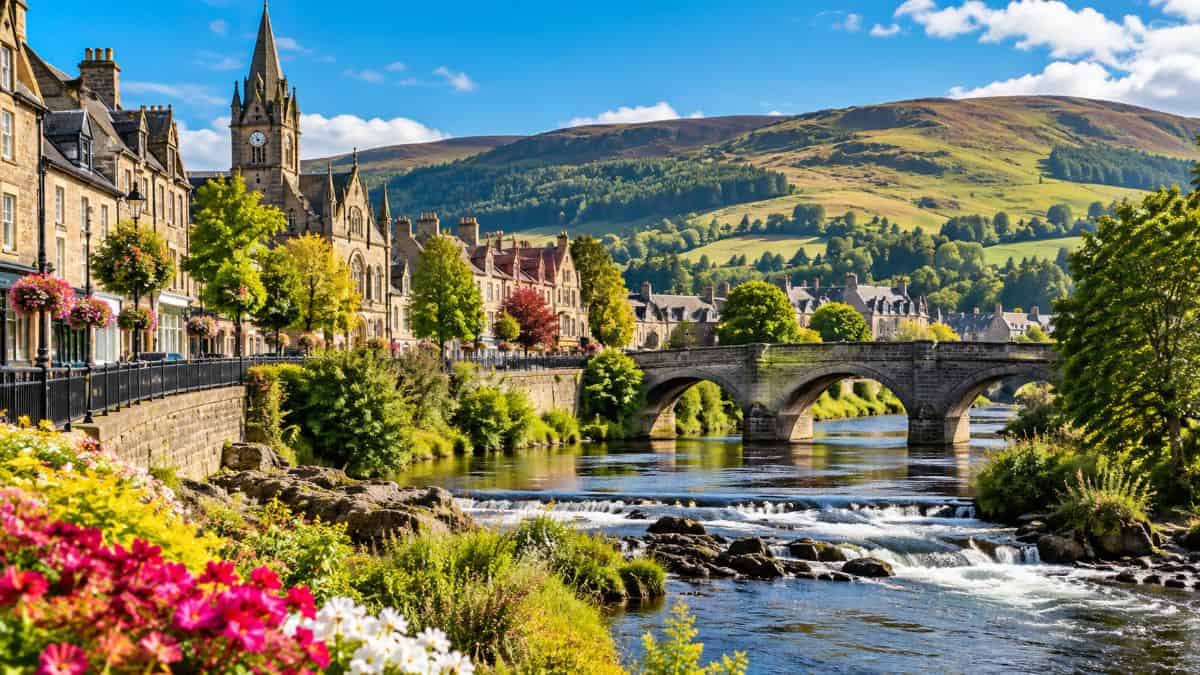 Scenic view of hawick in the scottish borders featuring the river teviot, historic stone buildings, traditional shops and picturesque riverside surroundings.