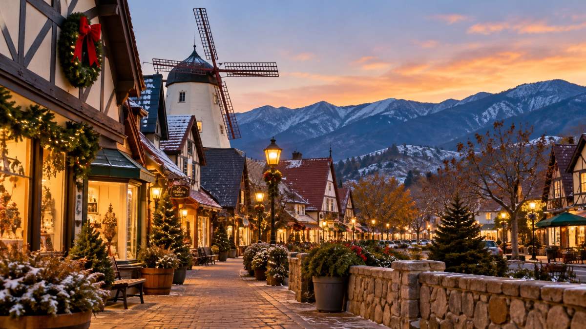 Village cottages glow at dusk in a hidden christmas town