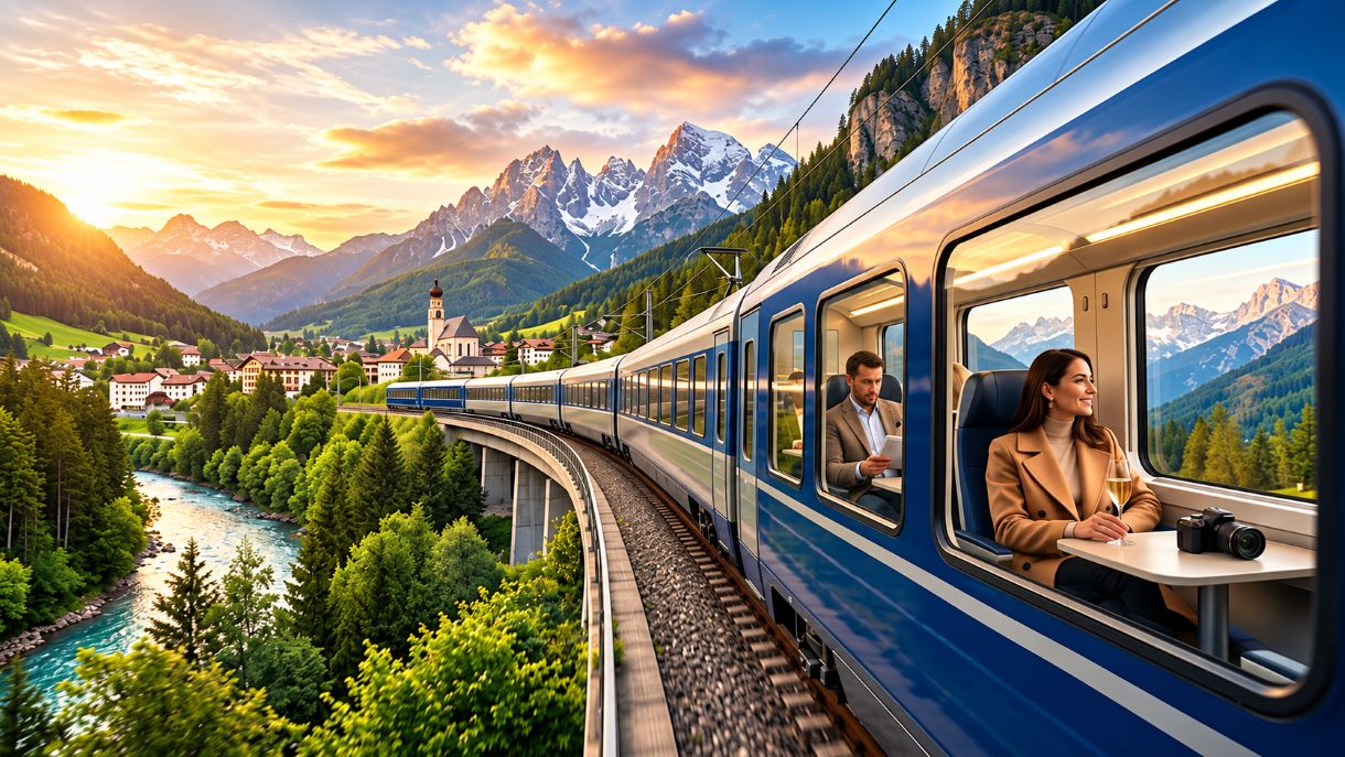 High-speed passenger train travelling across scenic european landscape connecting international destinations.