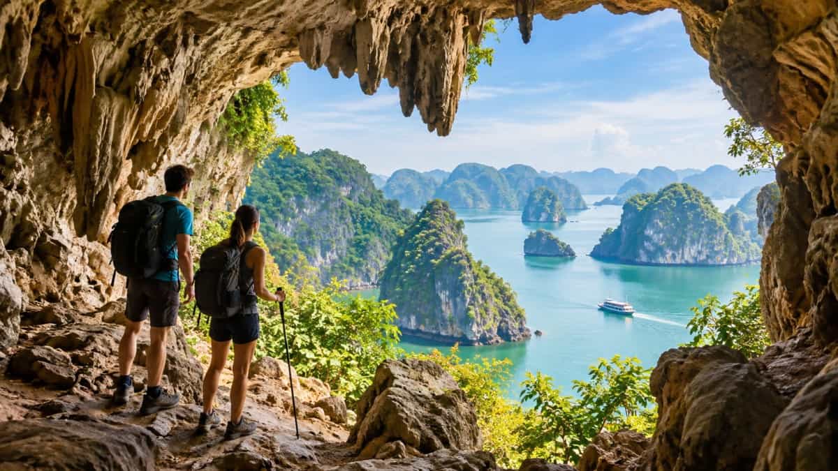 Hikers exploring vietnams cat ba caves - travel and tour world Hikers viewing cat ba island