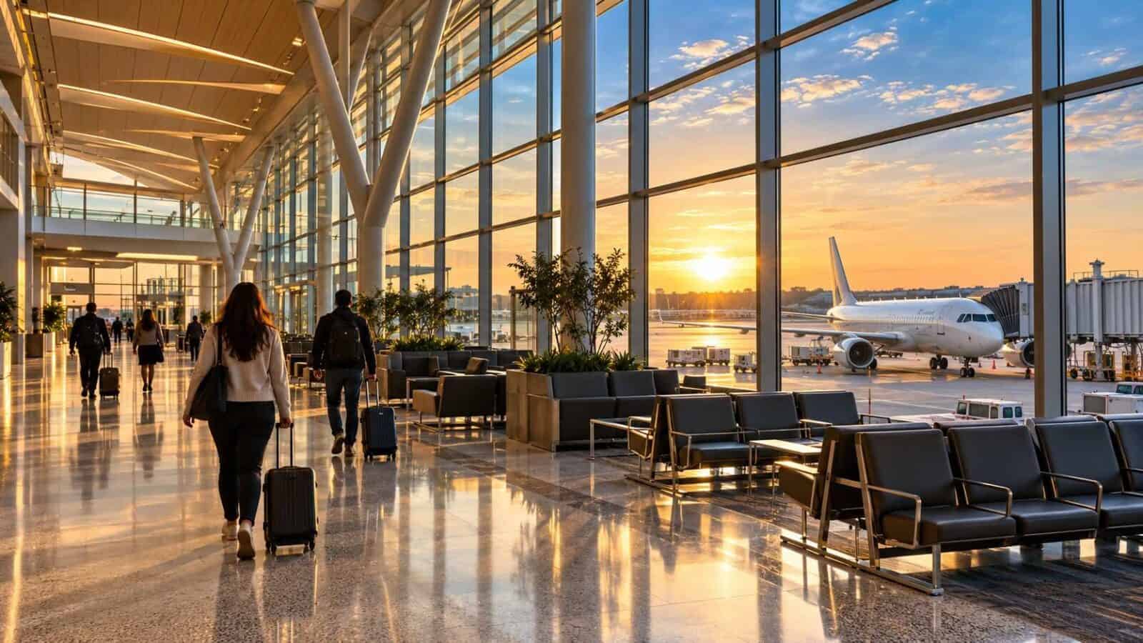 Us tourism - travel and tour world Ai-generated modern airport concourse with travellers, spacious seating and a parked aircraft in golden morning light.