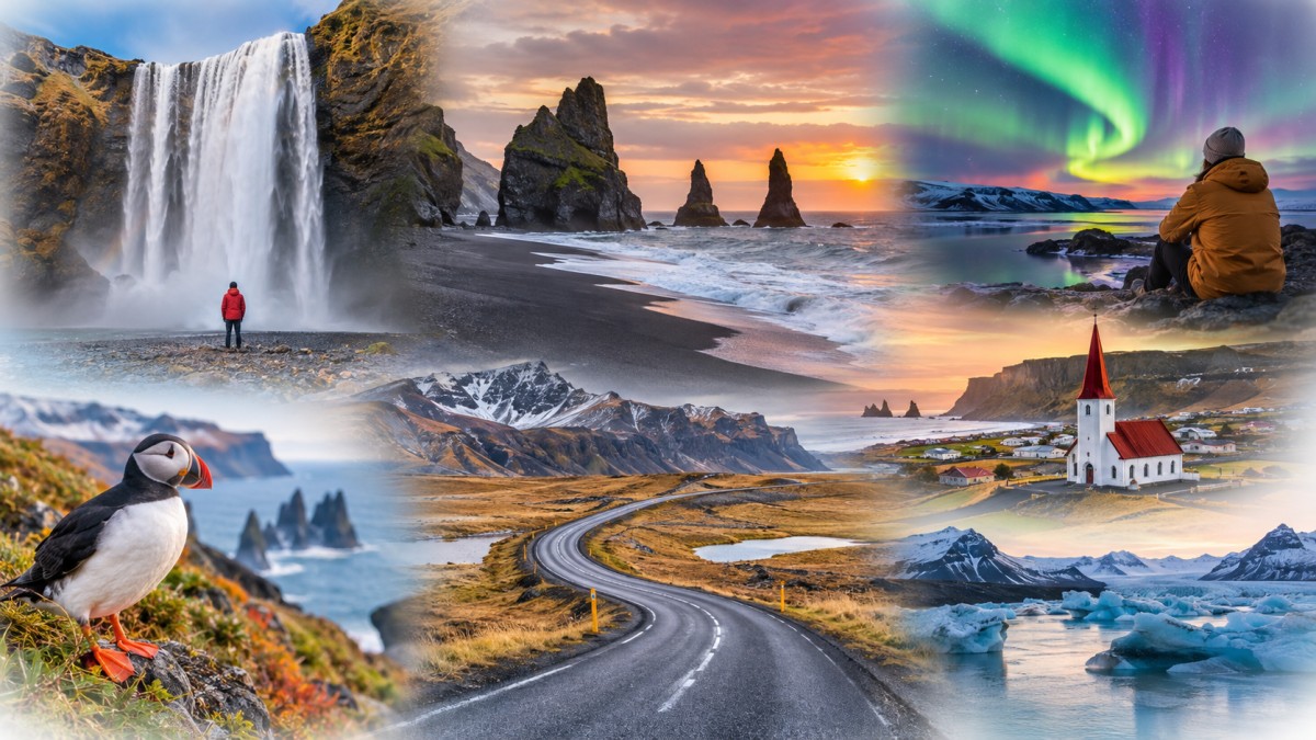 Iceland northern lights scenic collage - travel and tour world Iceland waterfalls auroras road trips