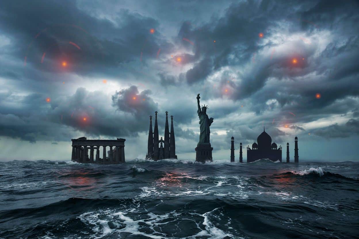 Iconic silhouettes of landmarks from greece spain the usa and india all submerged in rising turbulent dark waters