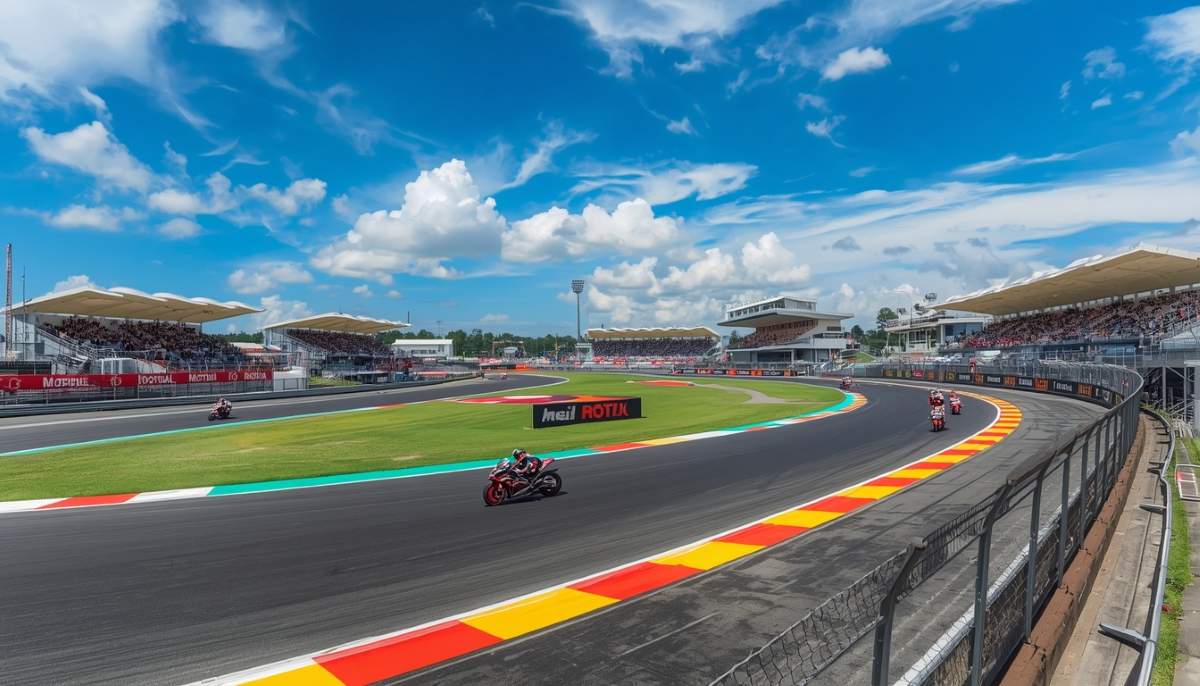 Indonesia - travel and tour world Vibrant view of the Pertamina Mandalika International Circuit during the MotoGP Indonesia race weekend with grandstands and racing motorcycles.