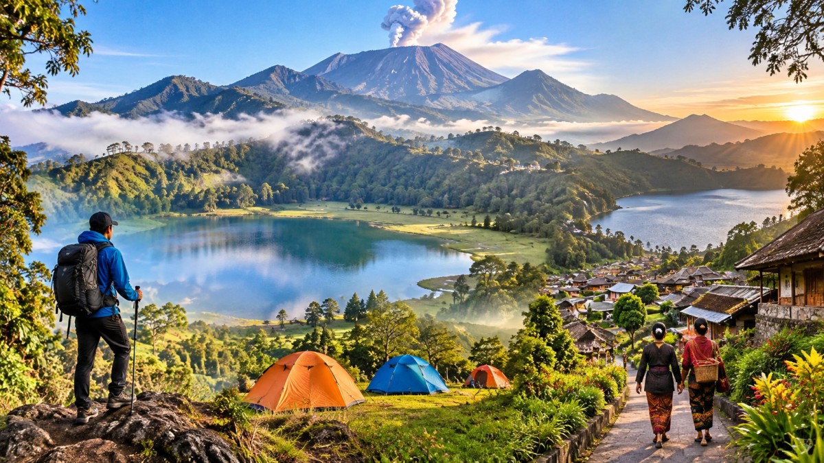 Indonesia ranupani lakes mountain adventures - travel and tour world Hiker overlooking ranupani lake volcanic landscape