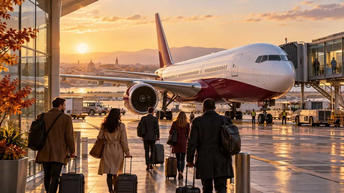 Travelers boarding qatar airways airplane