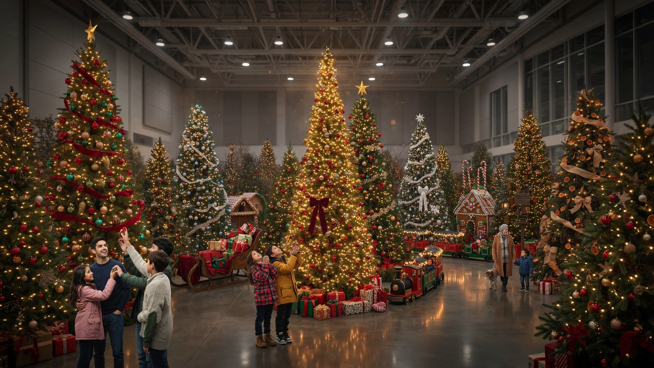 Decorated christmas trees illuminating des moines' festive indoor holiday exhibition