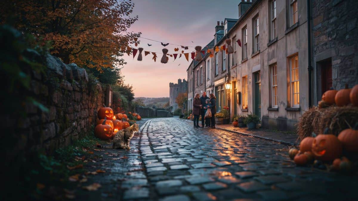 Lantern-lit Irish street with harvest decorations and a distant castle during an autumn Halloween festival.