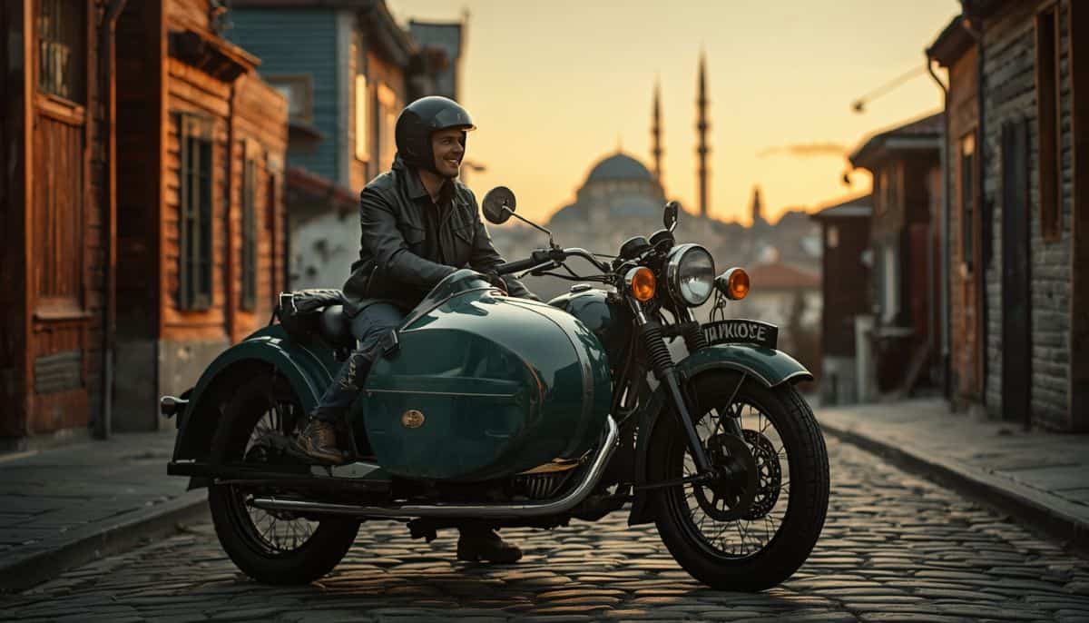 A smiling traveller in a leather jacket and helmet sits on a vintage green motorcycle with a sidecar, parked on a cobblestone street in istanbul with historic mosque minarets in the background at sunset.