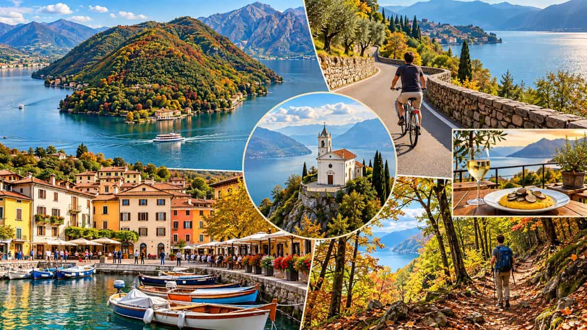 Aerial view of monte isola in lake iseo surrounded by tranquil waters and alpine foothills in northern italy