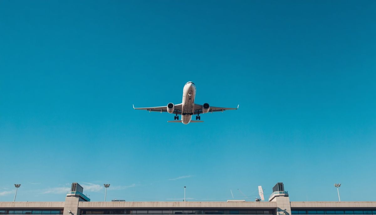 Italy - travel and tour world A commercial aircraft ascending into the clear blue skies above a major airport terminal of italy during normal operations.