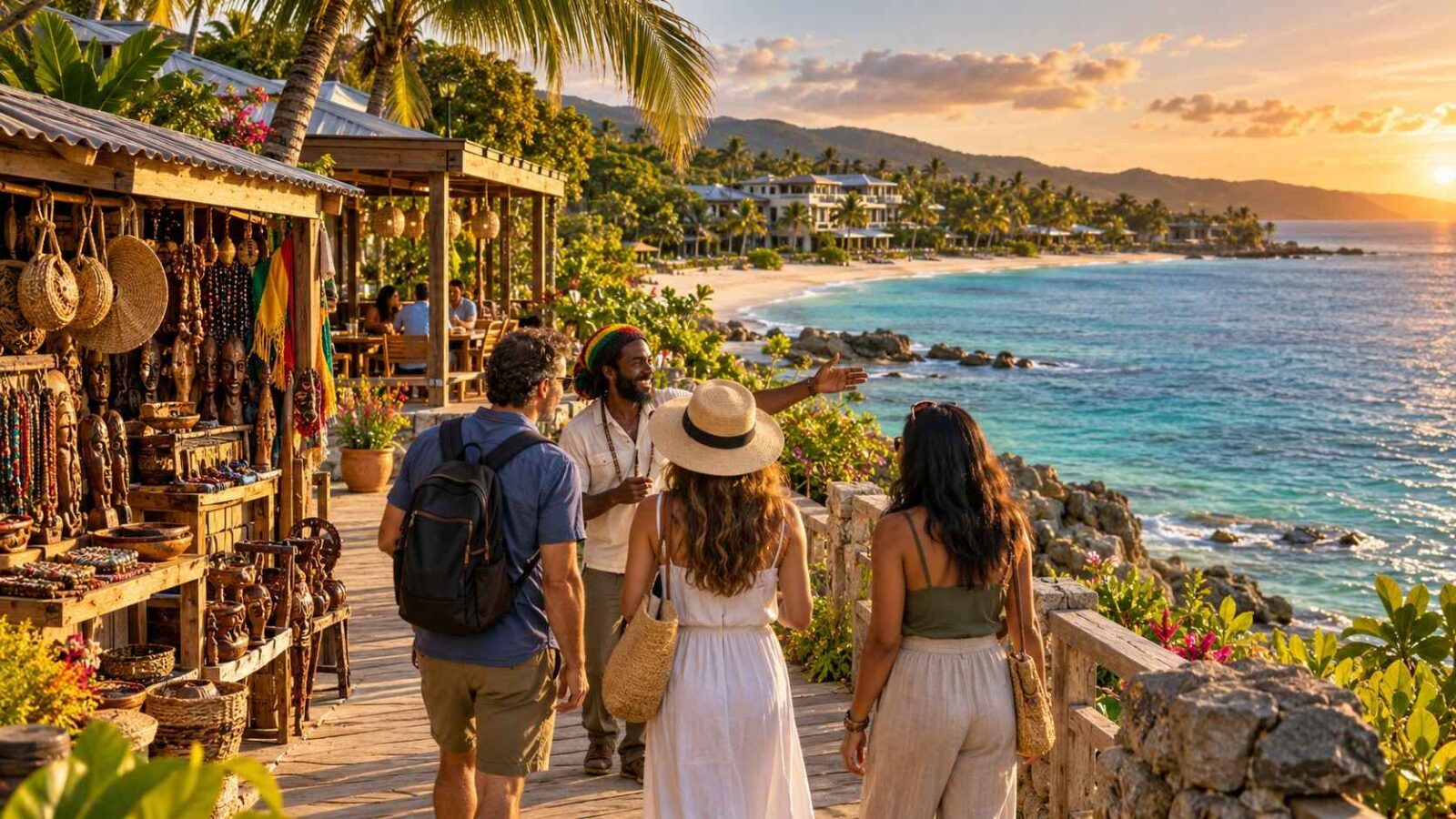 Jamaica tourism illustration showing a coastal resort and nearby local businesses beside turquoise caribbean waters.