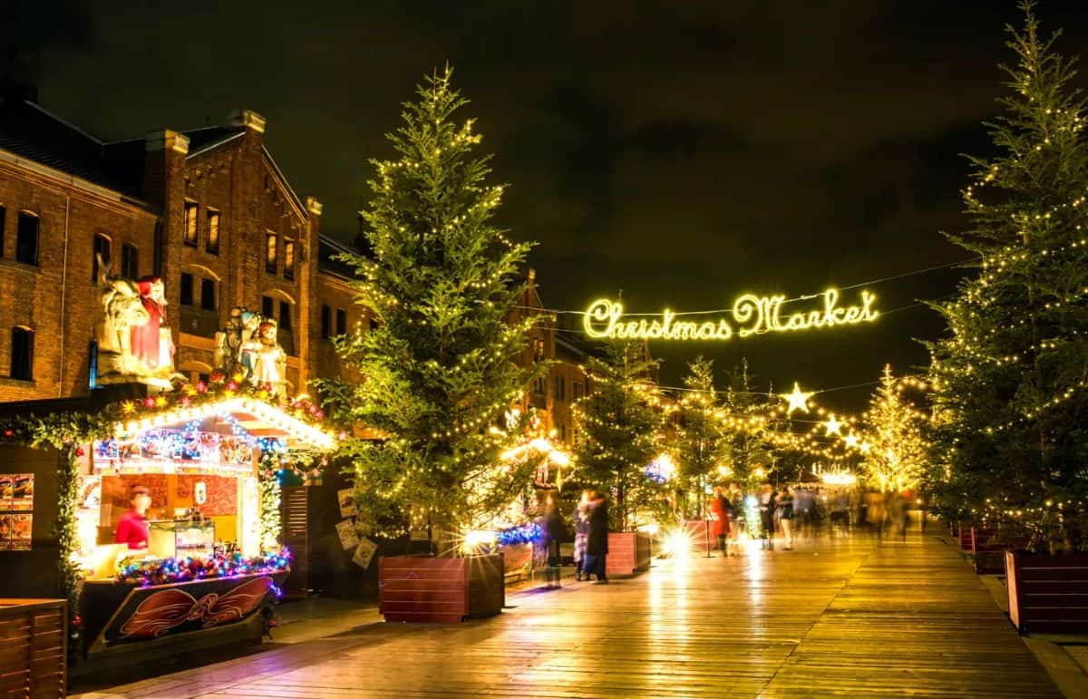 Japan christmas - travel and tour world Japan christmas market illuminated by festive lights.