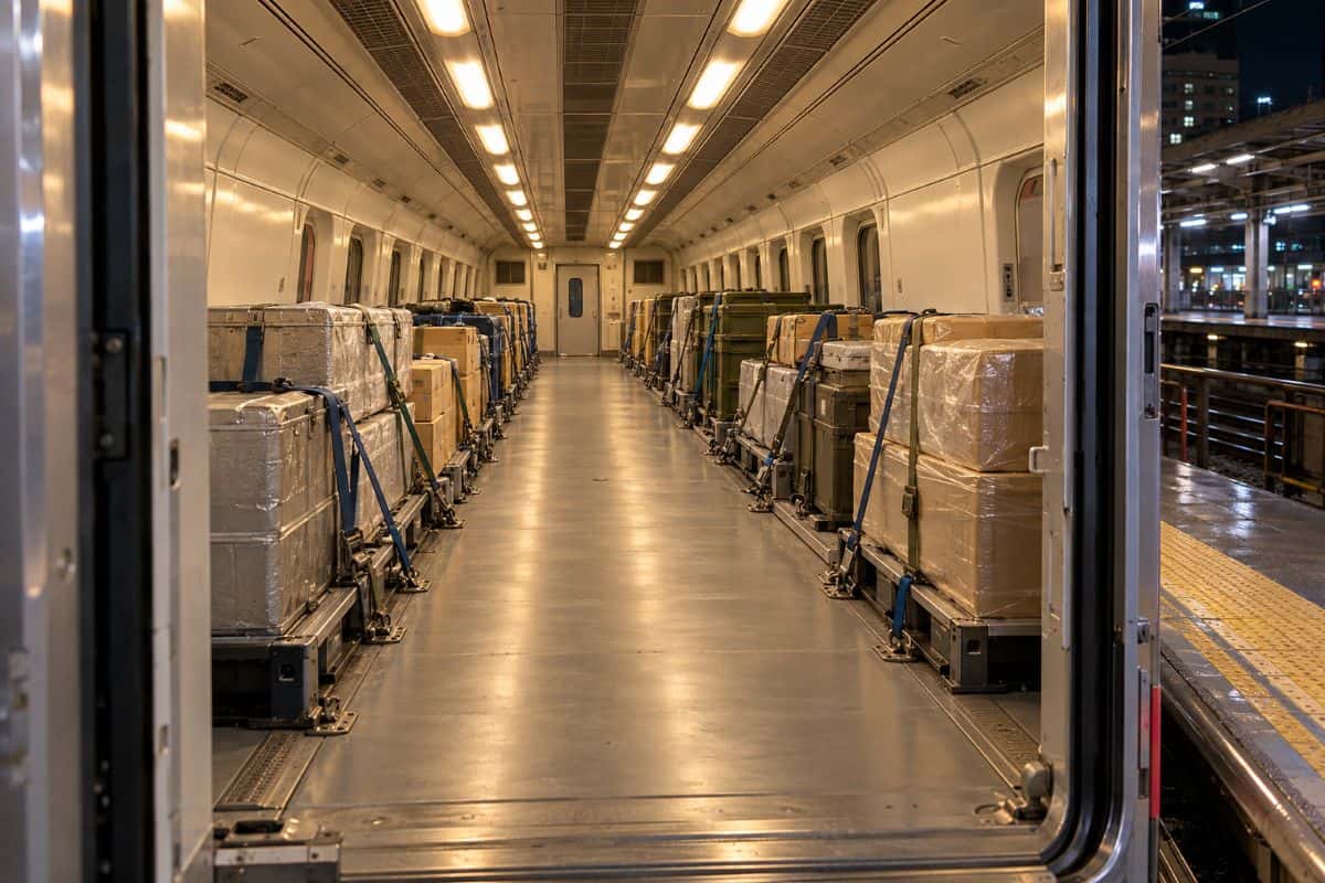 Japan is giving rail fans the first chance to see inside on a new freight shinkansen tour at sendai - travel and tour world Cargo train interior with strapped parcels lining a clear central aisle and an illuminated station platform visible through the doorway