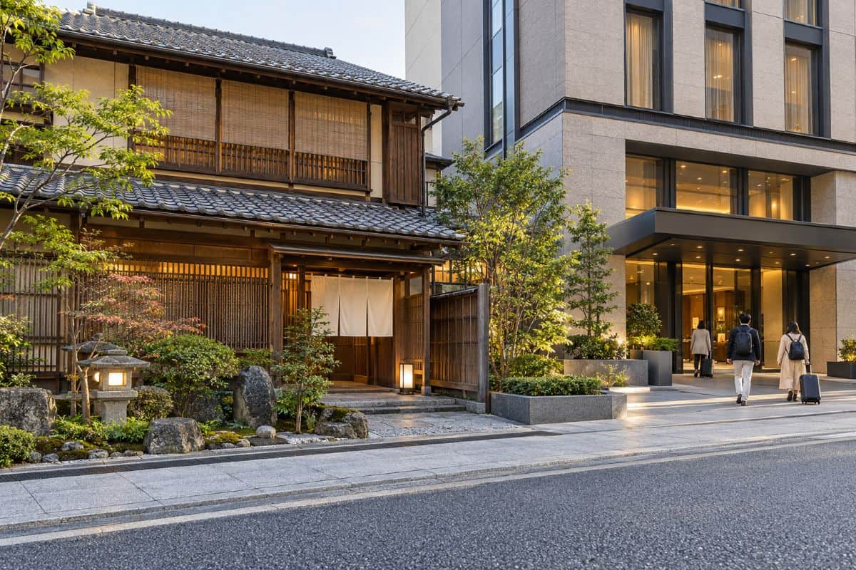 Japan hotel market is now seeing new opportunities as regional demand and a wider visitor mix lift rates - travel and tour world Traditional japanese ryokan with a stone garden beside a modern hotel, where travellers with luggage approach the entrance.