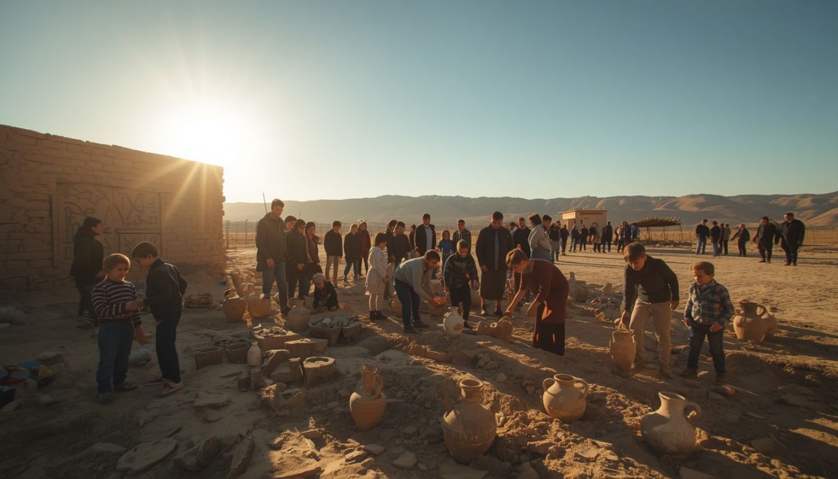 A wide-angle, documentary-style outdoor shot shows a group of children and adults participating in an interactive archaeological simulation workshop at a tourism farm in jiroft, iran. The bright sun shines low from the upper left, casting long shadows across the dusty terrain where participants handle replica pottery and clay jars. In the background, rolling hills stretch across the horizon under a clear sky.