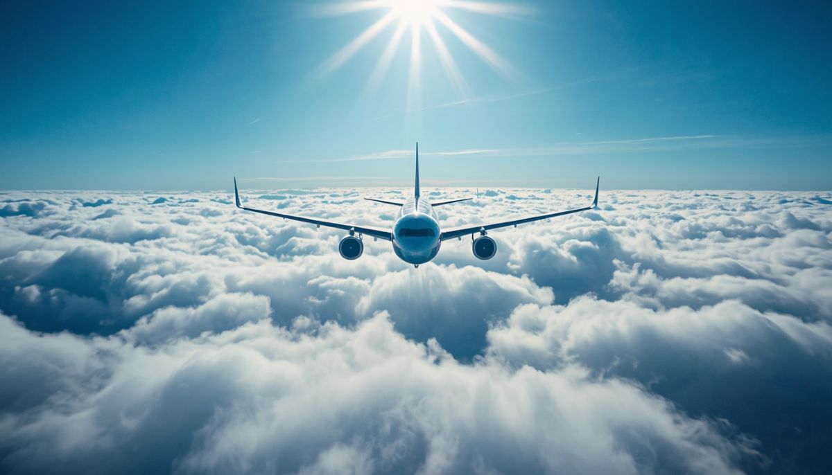 An klm aircraft cruising above dense clouds under a bright blue sky, representing modern aviation technology and advanced satellite connectivity.