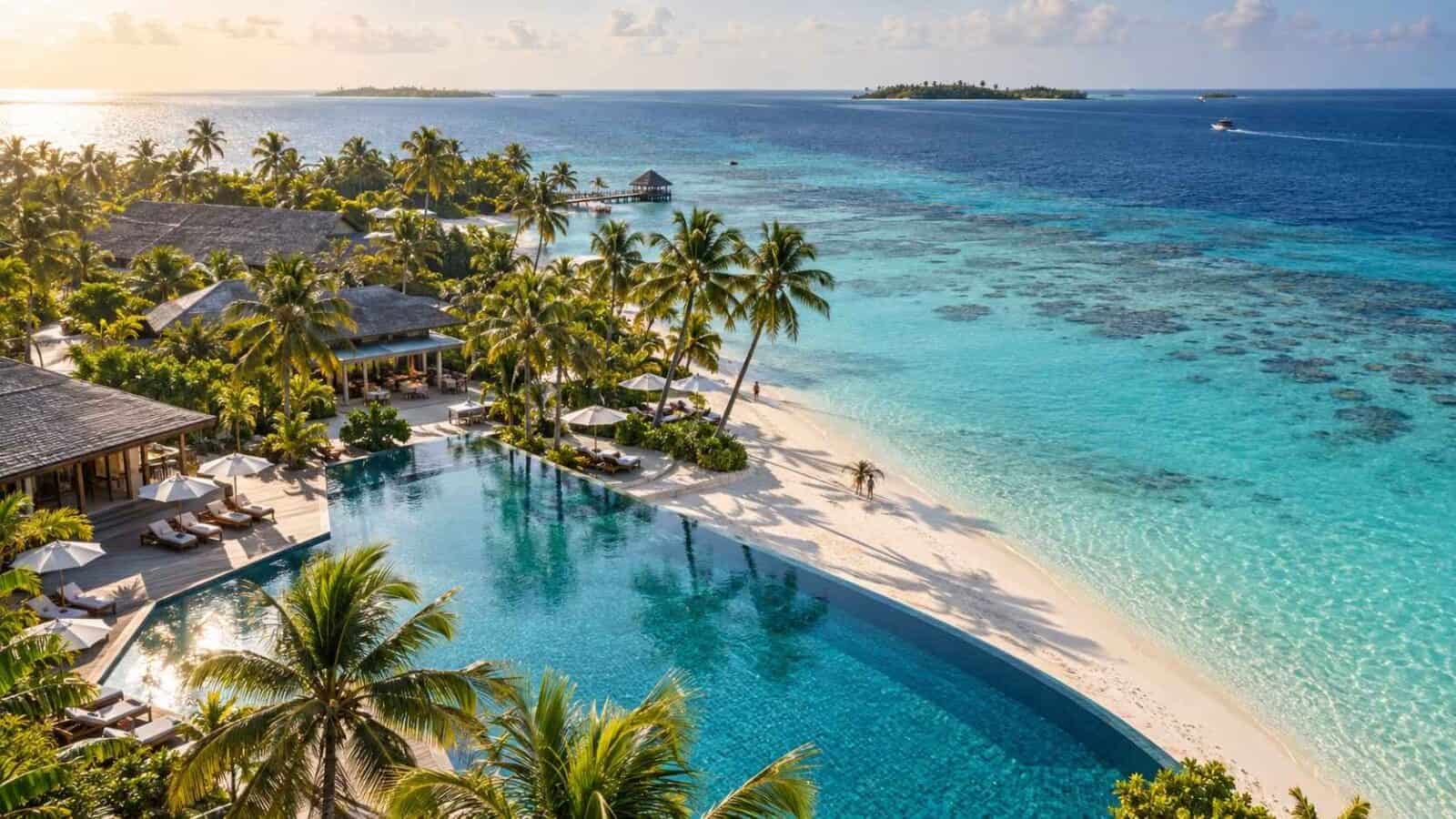 Aerial view of the beachfront pool and turquoise lagoon at the resort undergoing the kandooma maldives rebranding.