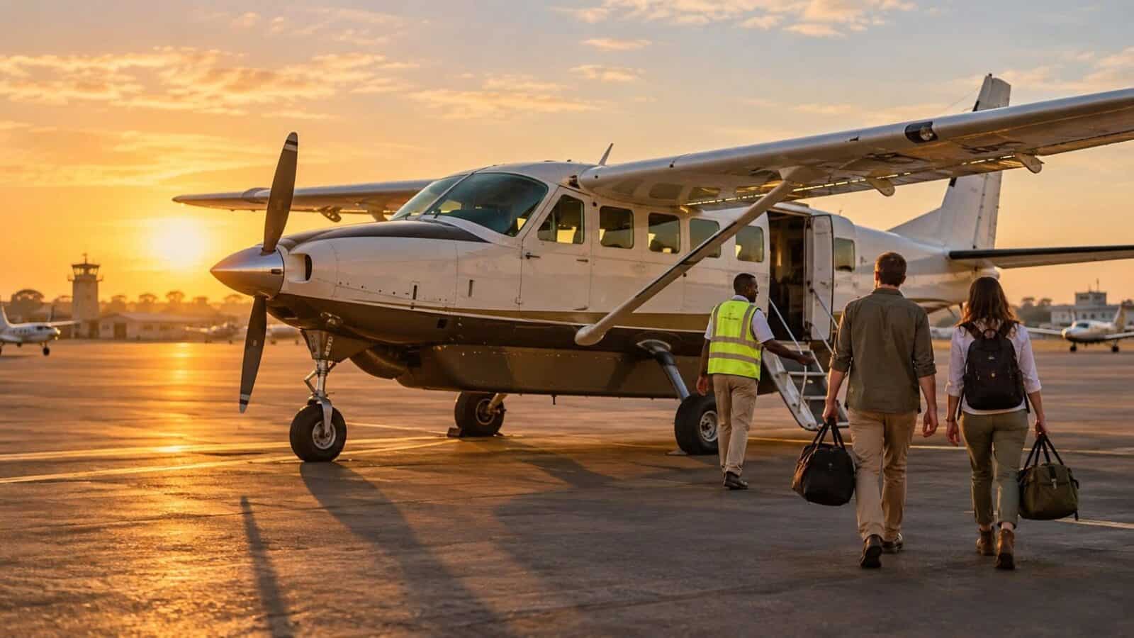 Kenya safari travel illustration showing travellers with soft luggage beside a light aircraft in nairobi.