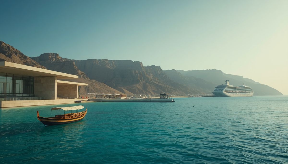 A modern, sleek maritime terminal building and a traditional dhow sit on bright turquoise coastal waters against a backdrop of rugged mountains and a docked cruise ship in khasab, oman.