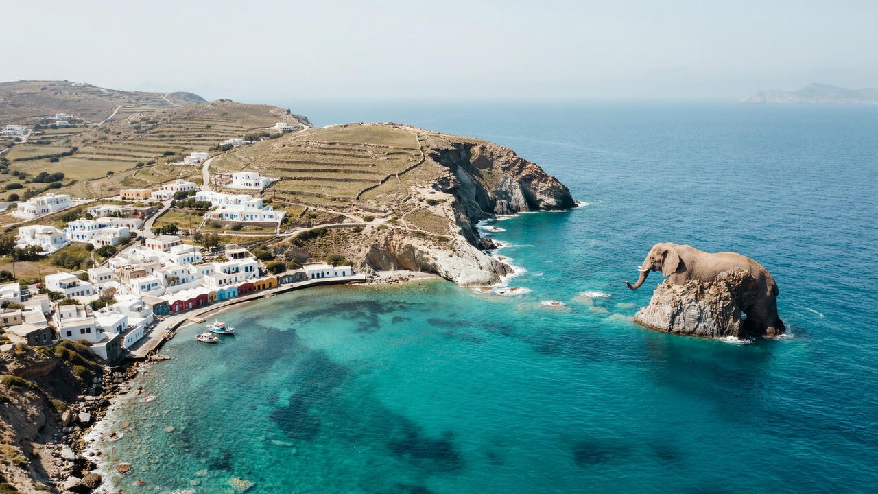 Elephant-shaped rock formation on kimolos island overlooking greece&rsquo;s turquoise aegean sea